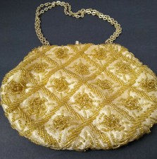 VTG GOLD BEADED EVENING BAG PURSE HAND MADE HONG KONG CHAIN KISS CLASP CLOSURE