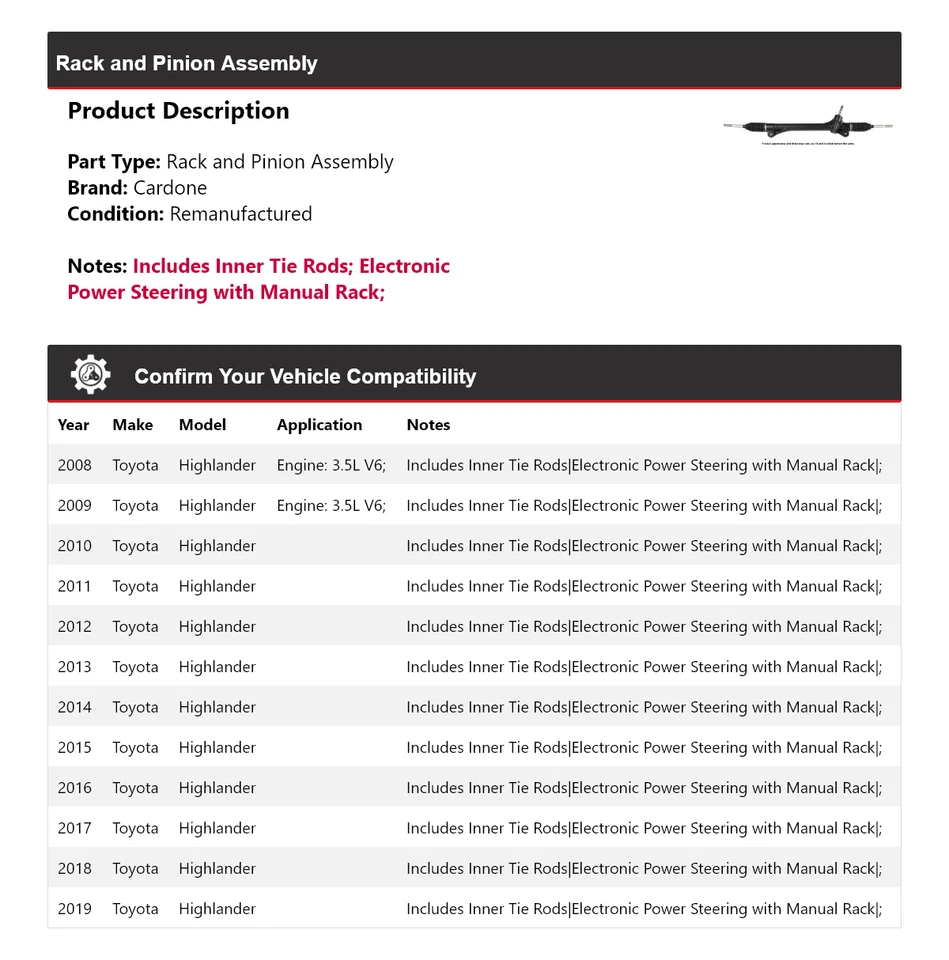 Para 2008-2019 Toyota Highlander conjunto de rack e pinhão Cardone 2009 2010 2011 - Imagem 2 de 4