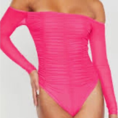 Pretty Little Thing Hot Pink Smocked Tulle Bodysuit Women s Size 8 Barbiecore