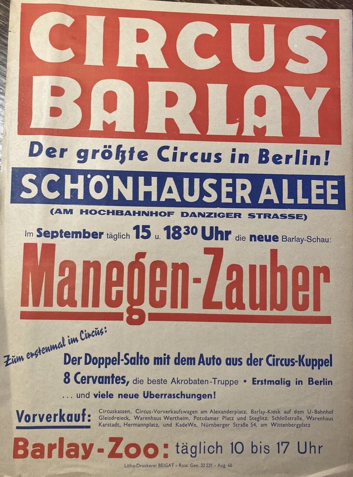 Werbung Plakat CIRCUS BARLAY August 1946 Berlin TOP Zirkus Beigat Zoo Salto - Bild 3 von 4