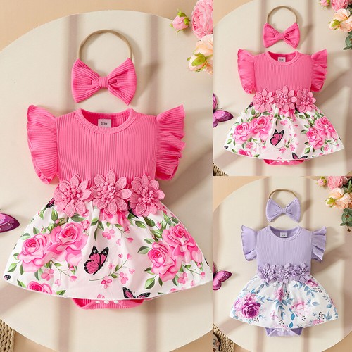 Newborn Baby Girls Floral Ruffle Romper Dress Bodysuit Tops Outfit Set Clothes