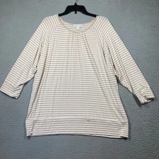 Coldwater Creek Top Plus 1X Beige Striped 3/4 Sleeve Coastal Nautical