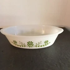Vintage Glasbake Green Daisy Pattern J235 1 Qt. Oval Milk Glass Casserole Dish