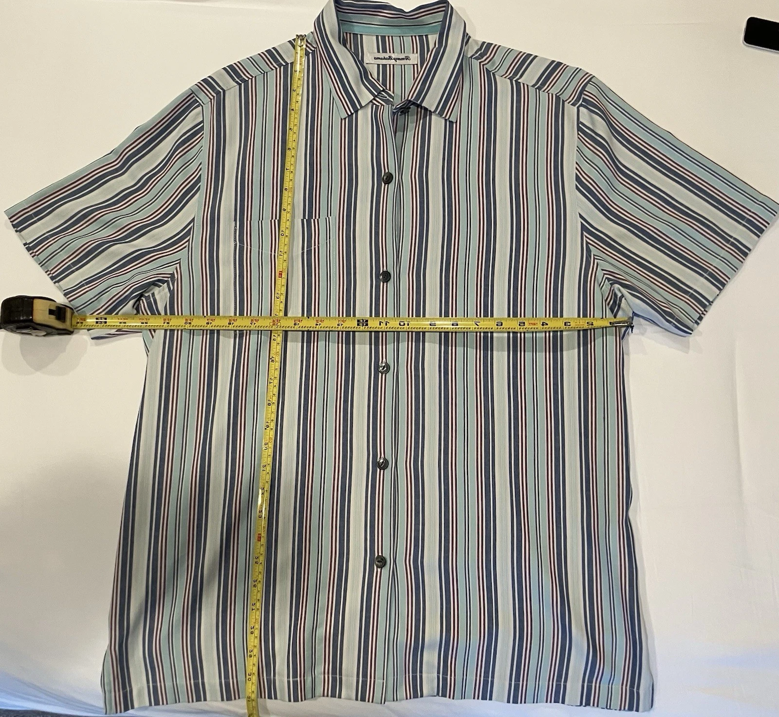 Tommy Bahama Shirt Mens Large Blue Green Striped Hawaiian Camp Short Sleeve Silk