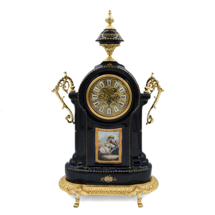 Limoges Sèvres Style Porcelain Cobalt and Gilt Mantel Clock