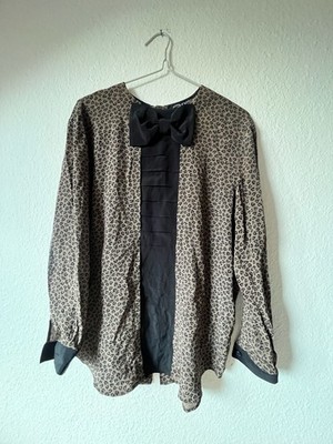 Superior Vintage Leaf Print Blouse with Bow and Pleated Front