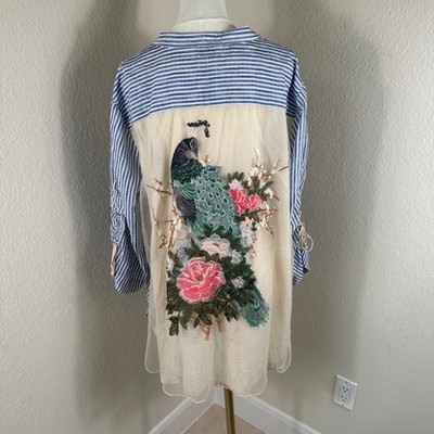 John Mark Tunic Womens XL Blue Striped Peacock Embroidered Boho Coastal Top