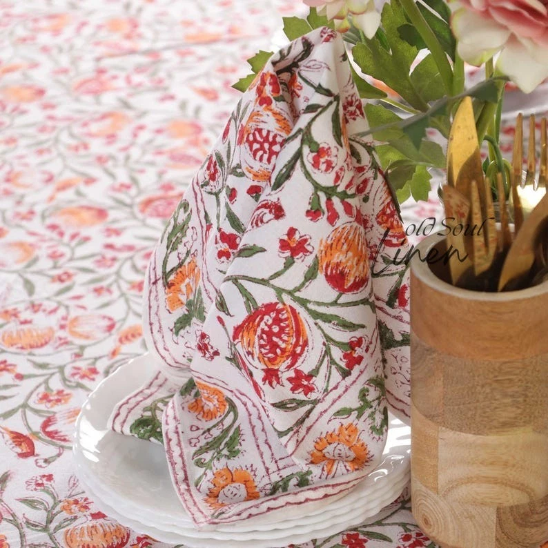 Cotton Tablecloth Floral Block Print Kitchen Decor Table Cover for Dining Spaces - Image 3 of 4