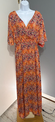 Umgee Naked Gypsy Zen Maxi Dress Floral Orange X-LARGE Empire Flutter-Short Slv