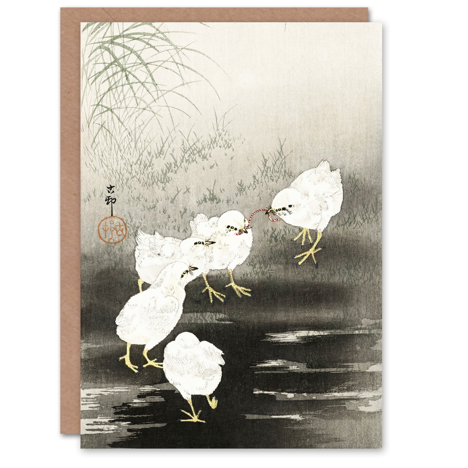 Ohara Koson Japanese Art Card Chicks Eating Worms