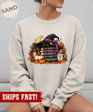 Witchy Book Lover Sweatshirt, Black Cat Books Halloween Reader Graphic Tee