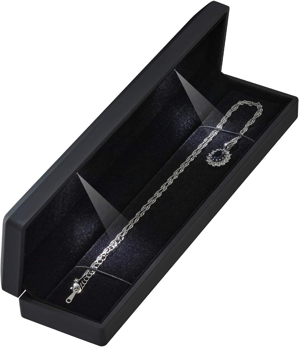 LETURE Long Chain Necklace Jewelry Gift Box Case with LED Light, Elegant Velvet 