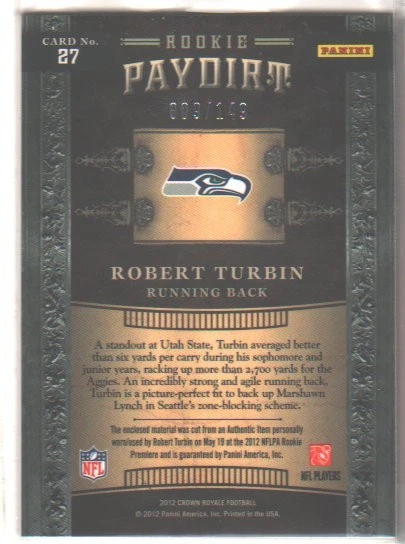 2012 Crown Royale Rookie Paydirt Materials 009/149 Robert Turbin #27 RC - Image 2 of 2