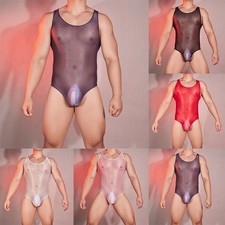 Breathable Sheer Mesh Men's Bodysuit Oil Glossy See Through Stretchy Sleeveless