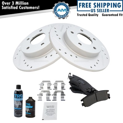 Rear Ceramic Brake Pad & Performance Drilled Slotted Rotor Kit w/Chemicals