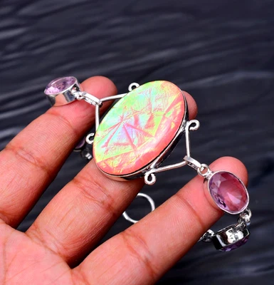 Triplett Opal und rosa Kunzit Edelstein: 925 Sterling Silber Handarbeit Armband - Bild 1 von 4