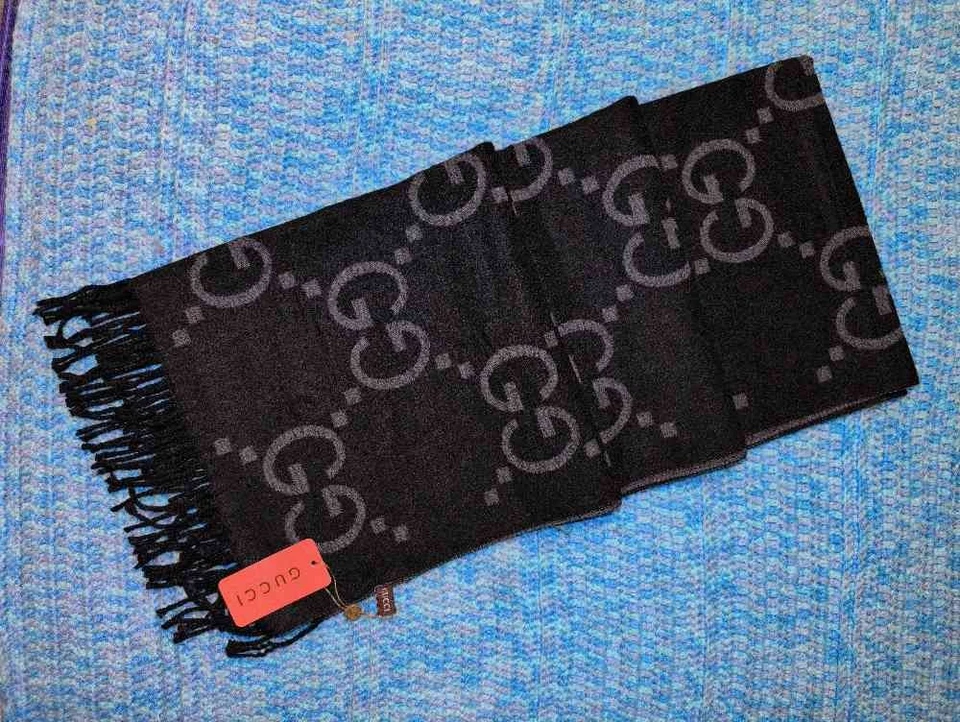 GUCCI Reversible GG Monogram Wool Silk Scarf Black Gray - Image 4 of 4