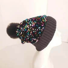 Dull Black Colorful Sequin Winter Beanie Bobble Hat
