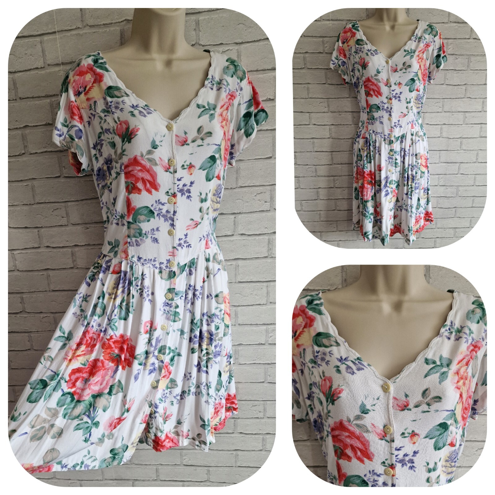 Vintage Tea Dress White Floral Size 12 Short Mini Sca… Gem