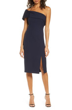 ELIZA J Navy Blue One Off Shoulder Scuba Crepe Front Slit Cocktail Dress 14 = L