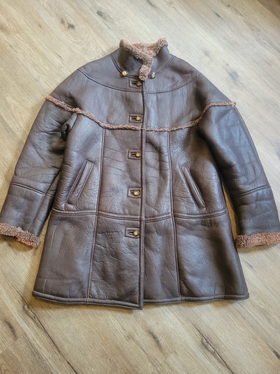 Vintage Vera Pelle Womens XL Brown Shearling Button Up Jacket Coat
