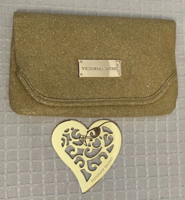 Victoria Secret Clutch, Make-up, Gold Metallic Fold Over w/ V S Heart Ornament