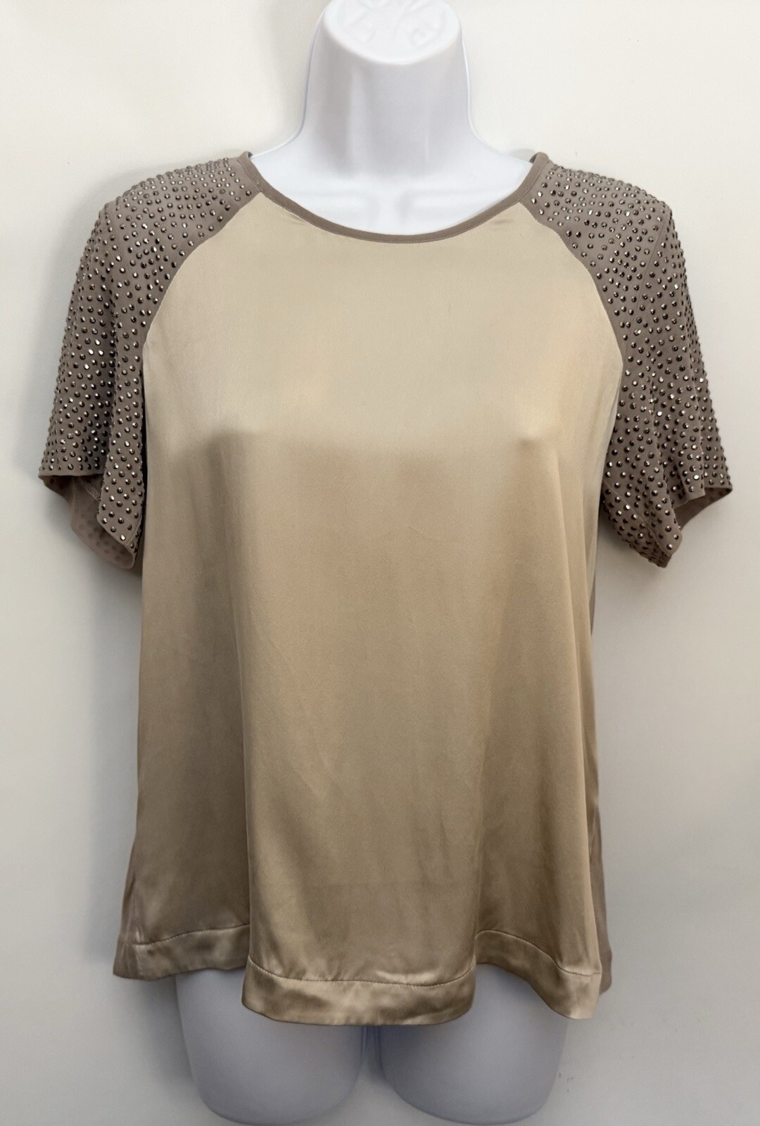 REBECCA TAYLOR Beige Silk Blouse with Beaded Studs Tulip Back Sleeves Women Size 0