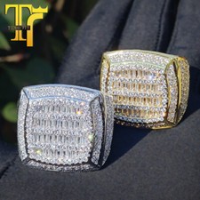 Hip Hop Large Mens Iced CZ Baguette Out Ring Real Plated 925 Sterling Silver