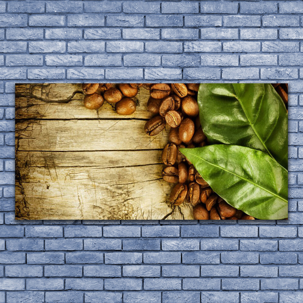 Tableau Cuisine Café En Grains Feuilles 140x70 déco murale impression sous verre