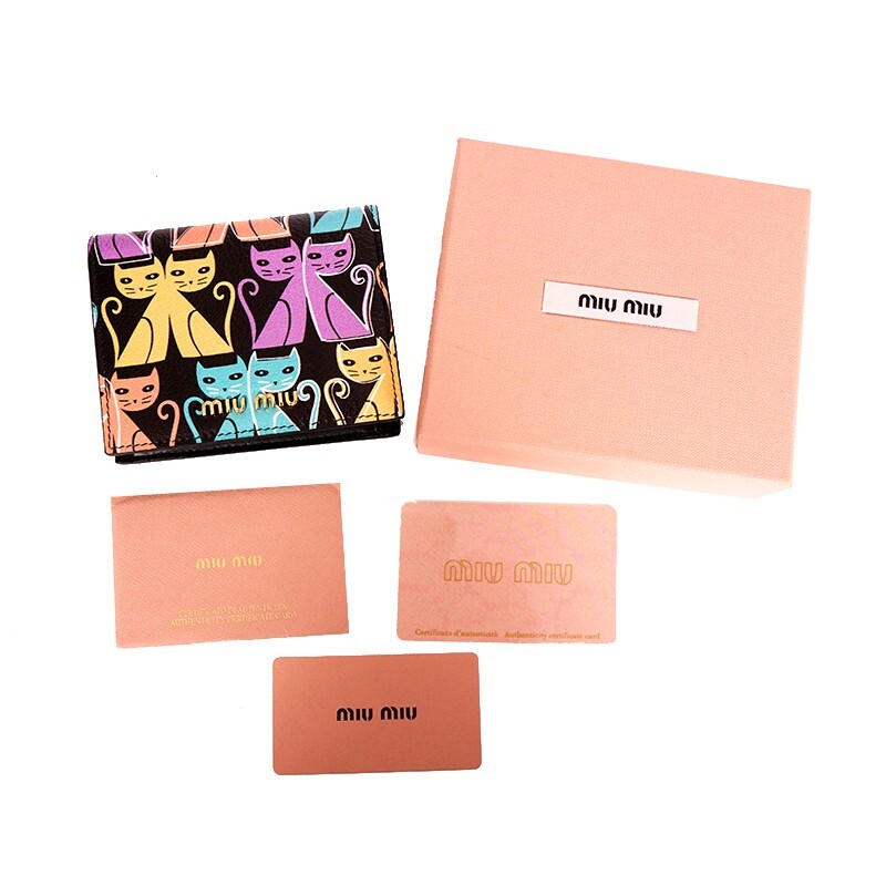NEW $675 MIU MIU Black Leather MADRAS CAT PRINT Snap Small Bifold