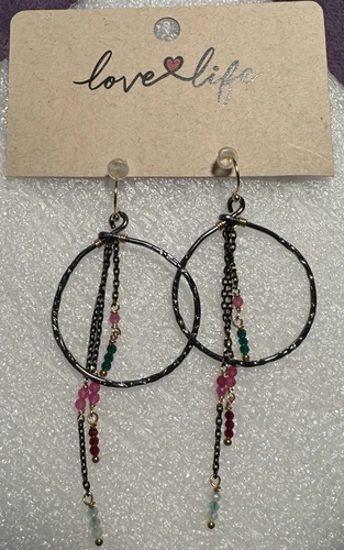 love life earrings beaded hoops with 3 hanging colorful beaded strands