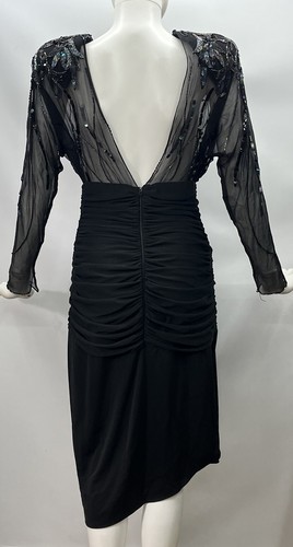 Vtg Casadei Black Sheer Sequin Beaded 80's Glam Ruched Draped Cocktail Dress 10 - Picture 10 of 17