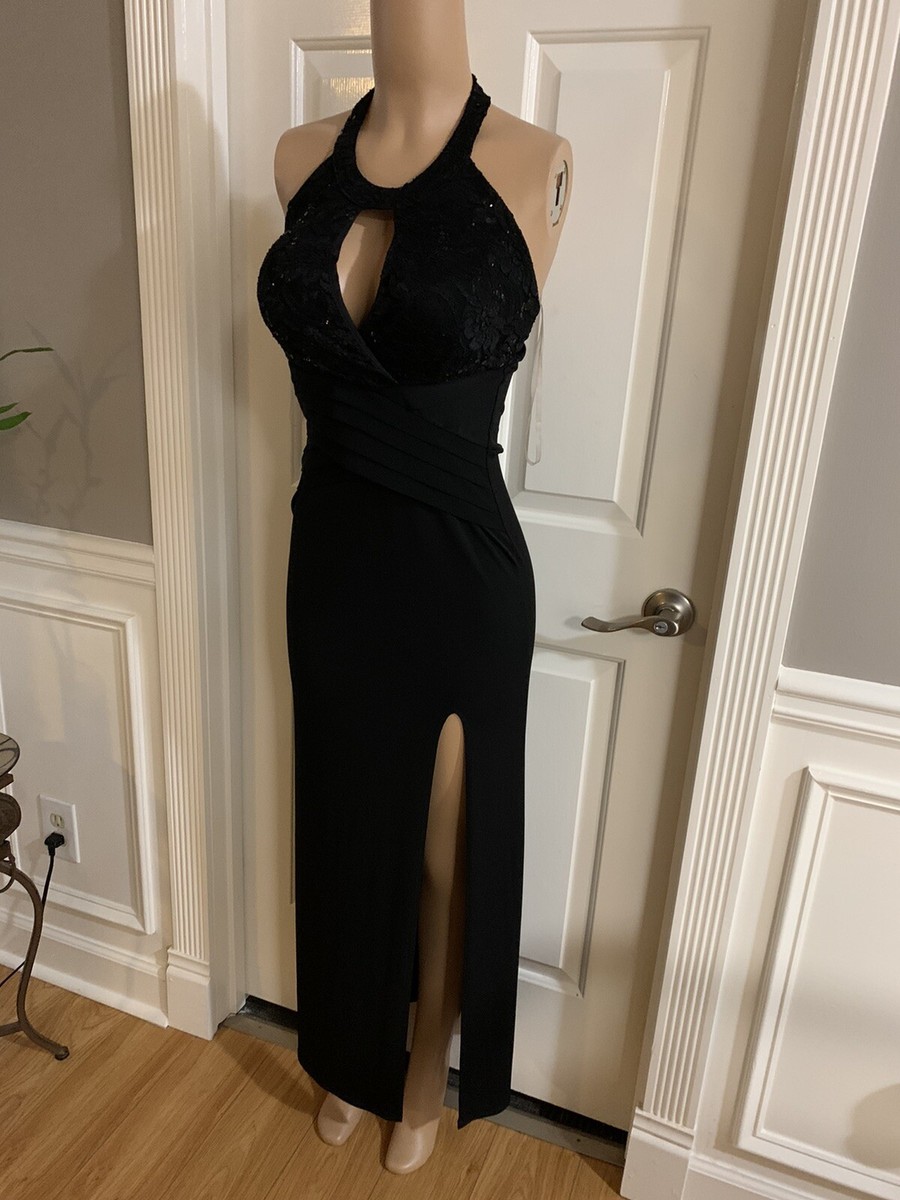 【OPEN YY】JERSEY HALTER DRESS, BLACK Women's Junior Black halter maxi Off The Shoulder dress Size