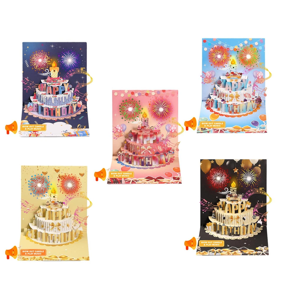 Tarjeta emergente de cumpleaños musical 3D con vela de luz LED soplable y feliz cumpleaños Foto 2 de 4