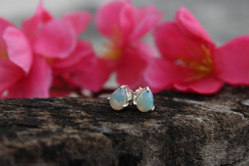 Natural White Opal Gemstone 925 Sterling Silver Handmade Stud Earrings