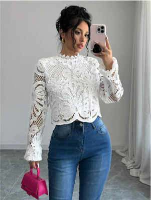 White Elenzga Women's Solid Color Lace Trim Long Sleeve Casual Top Sz S M L XL