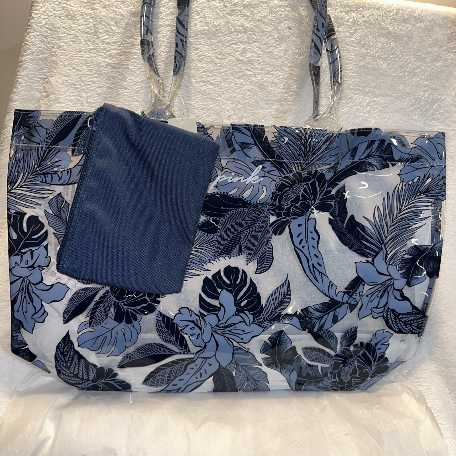 VICTORIAS SECRET 2 PC SET Pink PVC Indigo Summer Beach Gym Shopping Tote NWT