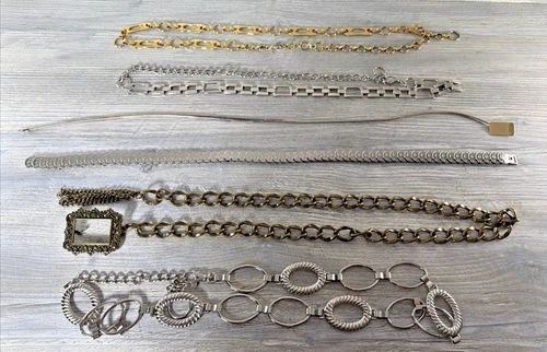 Vintage Chain Link Belt Lot Of 6 Gold Silver Tone Coin Geometric Stretch