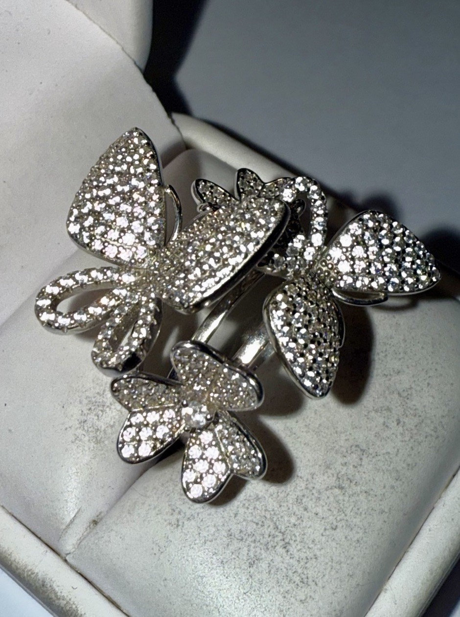 Solid Sterling Silver Round-Cut Gemstone Paved Bu… - image 2