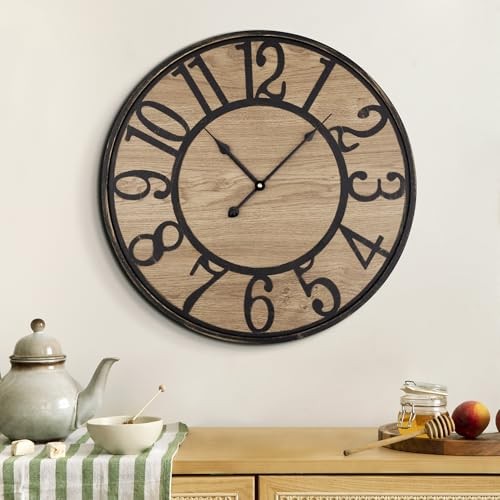 Wall Clock Silent Rustic Farmhouse Metal & Wood with Arabic 13 Inch Bronze