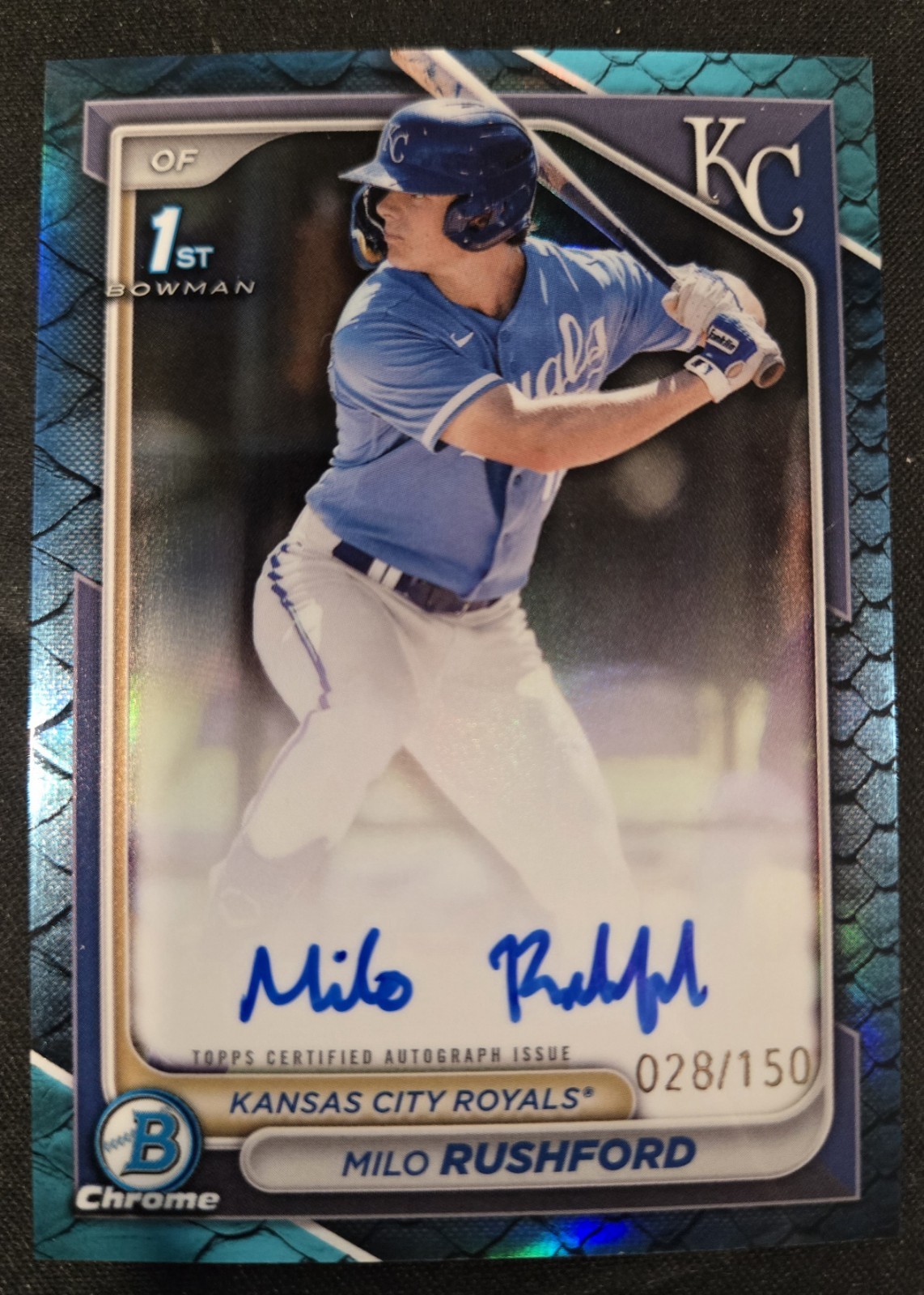 2024 Bowman Chrome MILO RUSHFORD 1st Blue Reptilian Refractor Auto On Card /150