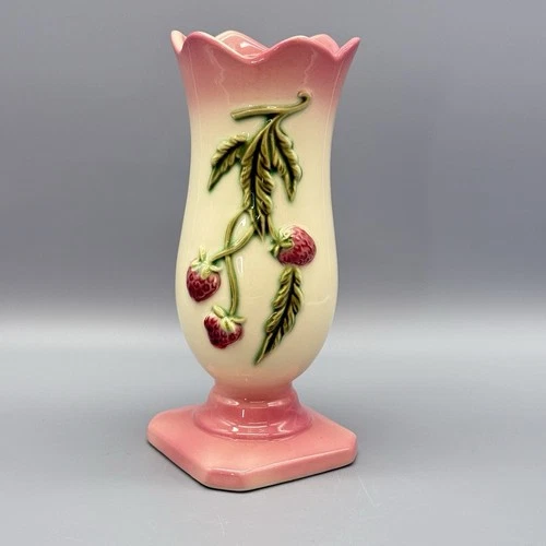 Vintage Hull USA Pottery Fiesta Pink #45 Vase with Strawberries 8.5 inches