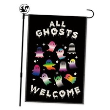 All Ghosts Welcome Halloween Garden Flag, Double Sided Multi White Black