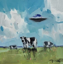 Jose Trujillo Fine Art PRINT 16x16" Collectible Artist Pastures Cow UFO