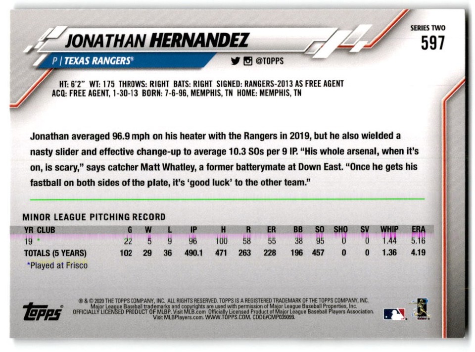 2020 Topps #597 Jonathan Hernandez Texas Rangers Rookie | eBay