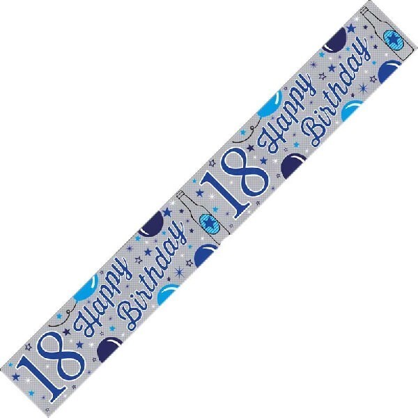 Happy 18th Birthday Blue Silver 2.6m foil Banner Party Age 18 Holographic