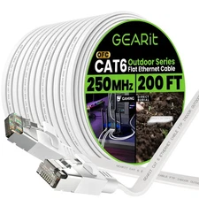 Cat 6 Outdoor Flat Ethernet Cable (200ft, White) Direct Burial Rated LLDPE Ja...