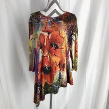 Jess & Jane Red Poppies Lg Rhinestone Tunic Top 3/4 Sleeve