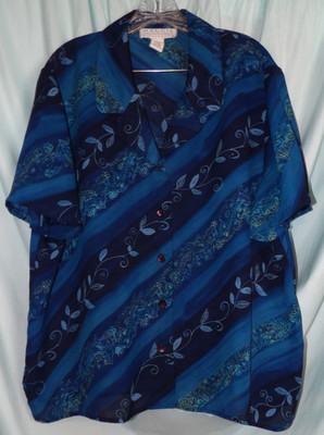 Maggie McNaughton Blue Leaf Print Collared SS Sheer Button Up Women's Size 2X