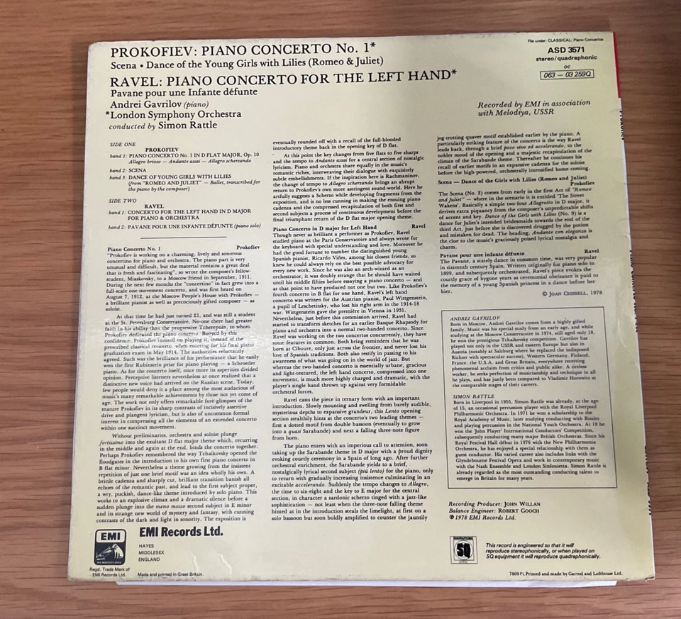 Andrei Gavrilov - Ravel - Prokofiev Piano Concerto - EMI SQ Quadraphonic Quad LP - Image 2 of 4